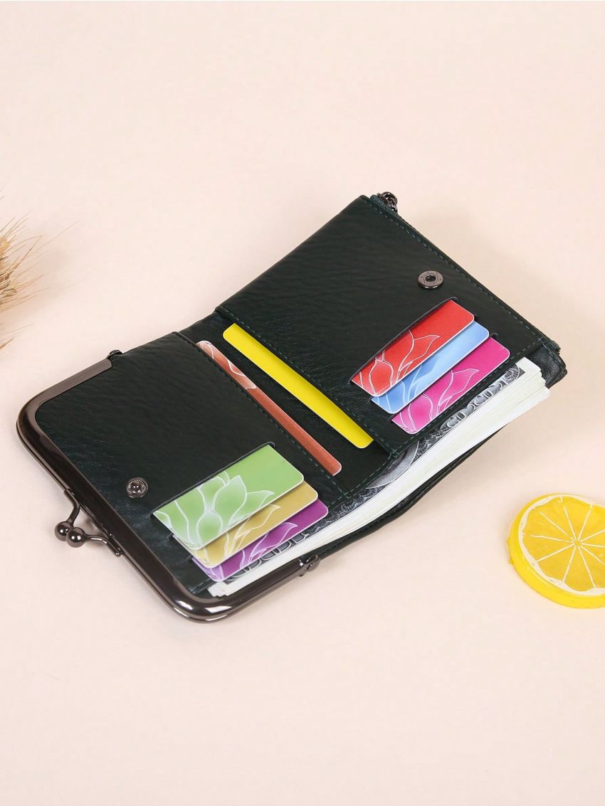 Letter Graphic Small Wallet Kiss Lock Dark Green