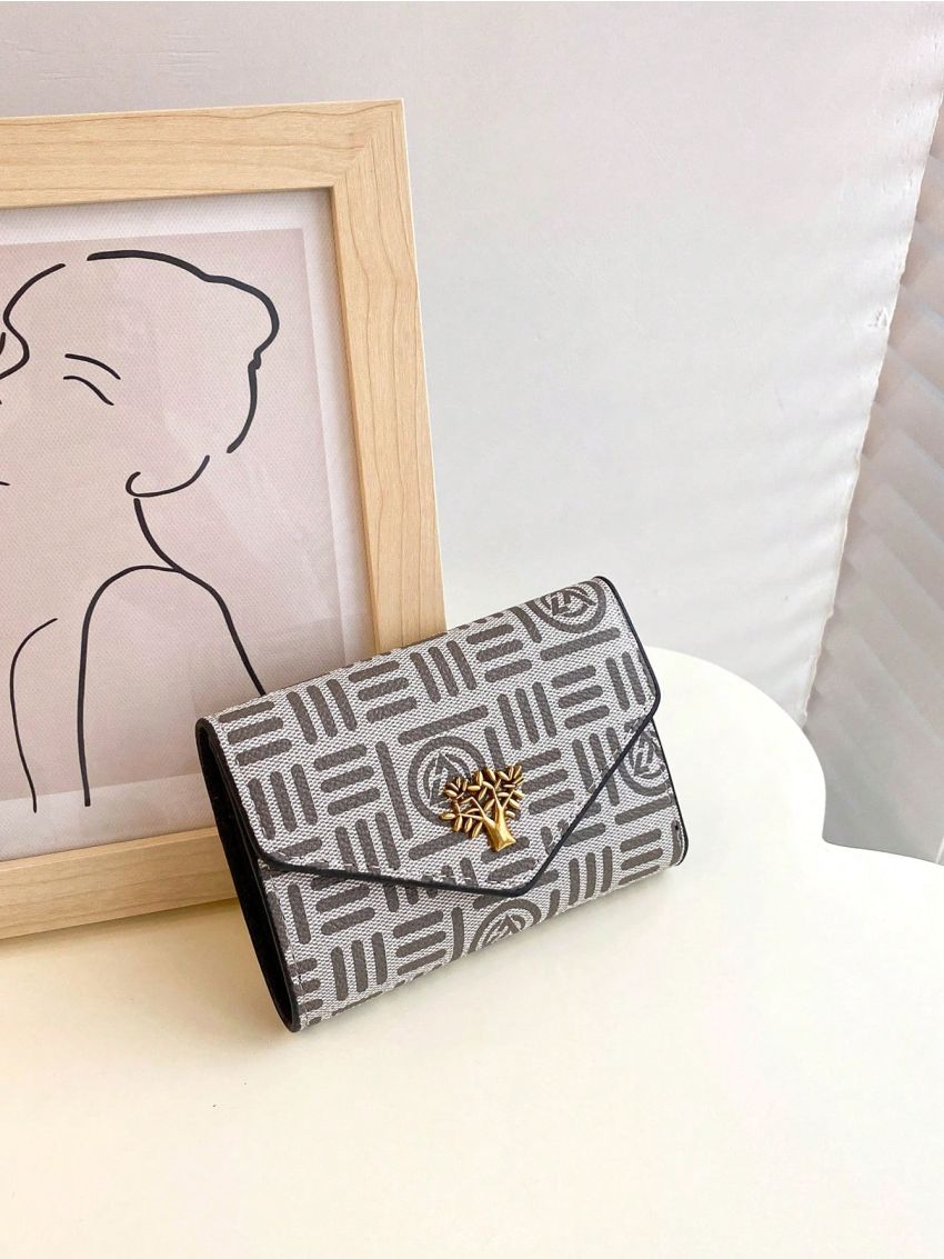 Geometric Pattern Small Wallet Flap Metal Decor