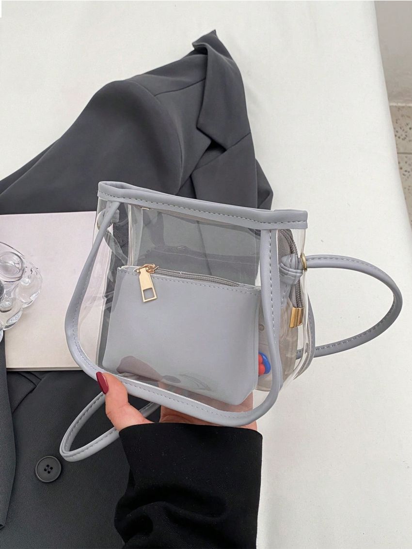 Mini Bucket Bag With Inner Pouch Contrast Binding PVC, Clear Bag