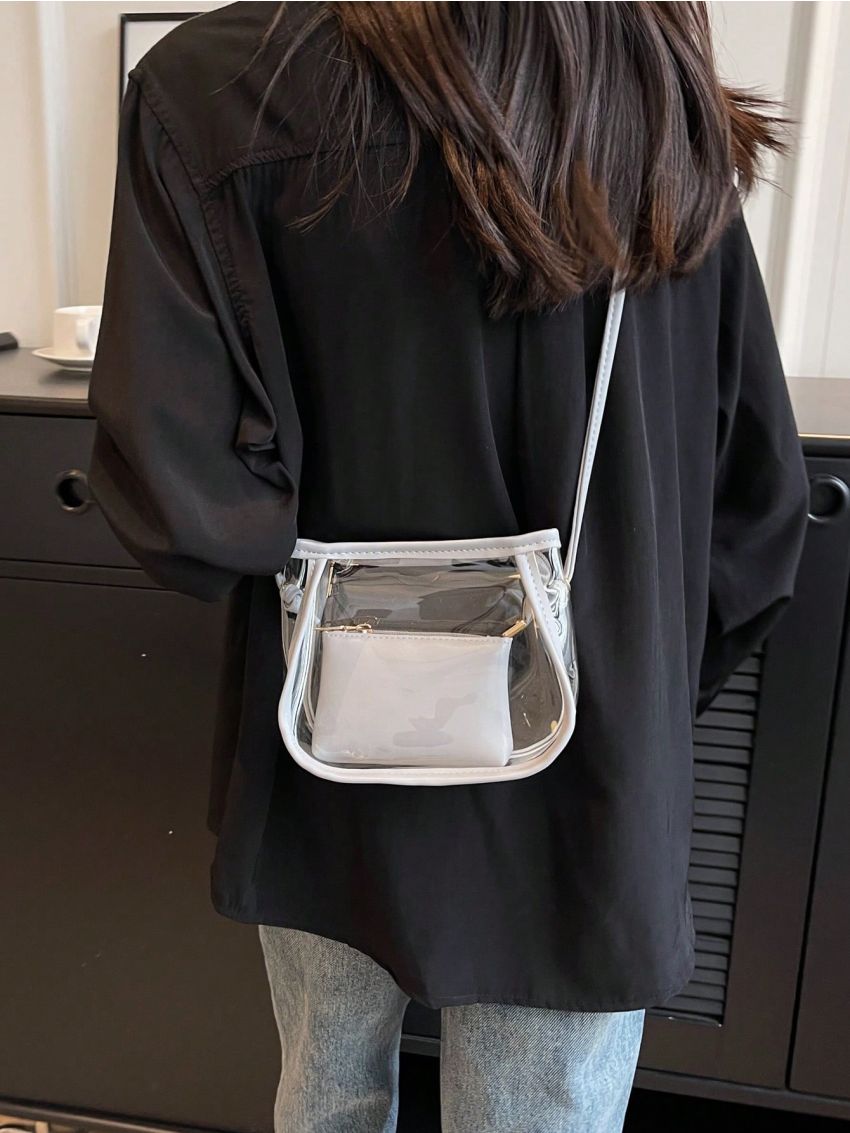Mini Bucket Bag With Inner Pouch Contrast Binding PVC, Clear Bag