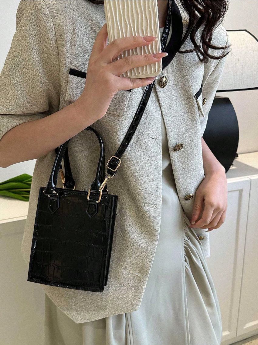 Mini Square Bag Embossed Detail Minimalist Black