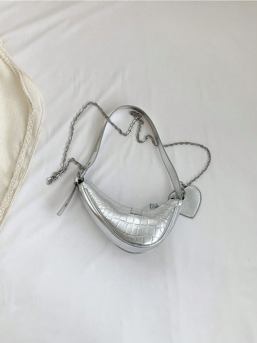 Small Hobo Bag Crocodile Embossed Buckle Decor Metallic Funky With Heart Bag Charm