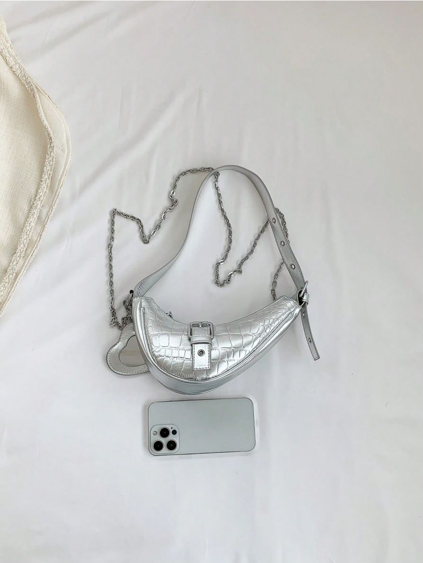 Small Hobo Bag Crocodile Embossed Buckle Decor Metallic Funky With Heart Bag Charm