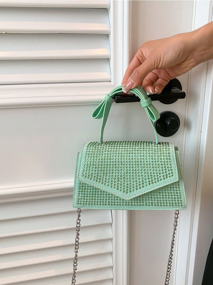 Mini Flap Square Bag Rhinestone Decor Green