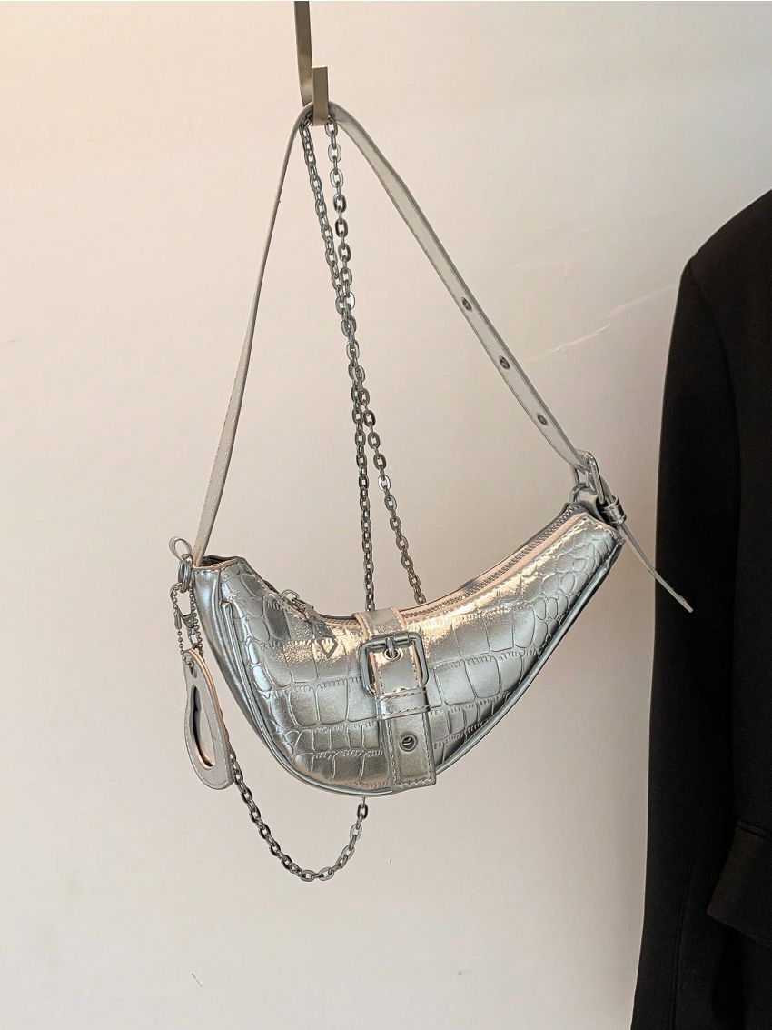 Small Hobo Bag Crocodile Embossed Buckle Decor Metallic Funky With Heart Bag Charm