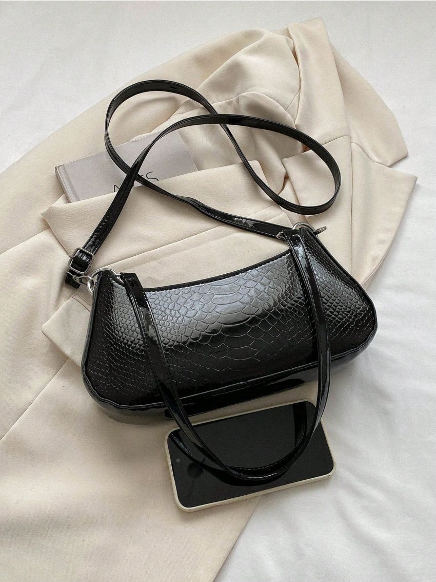 Medium Baguette Bag Crocodile Embossed Minimalist Orange