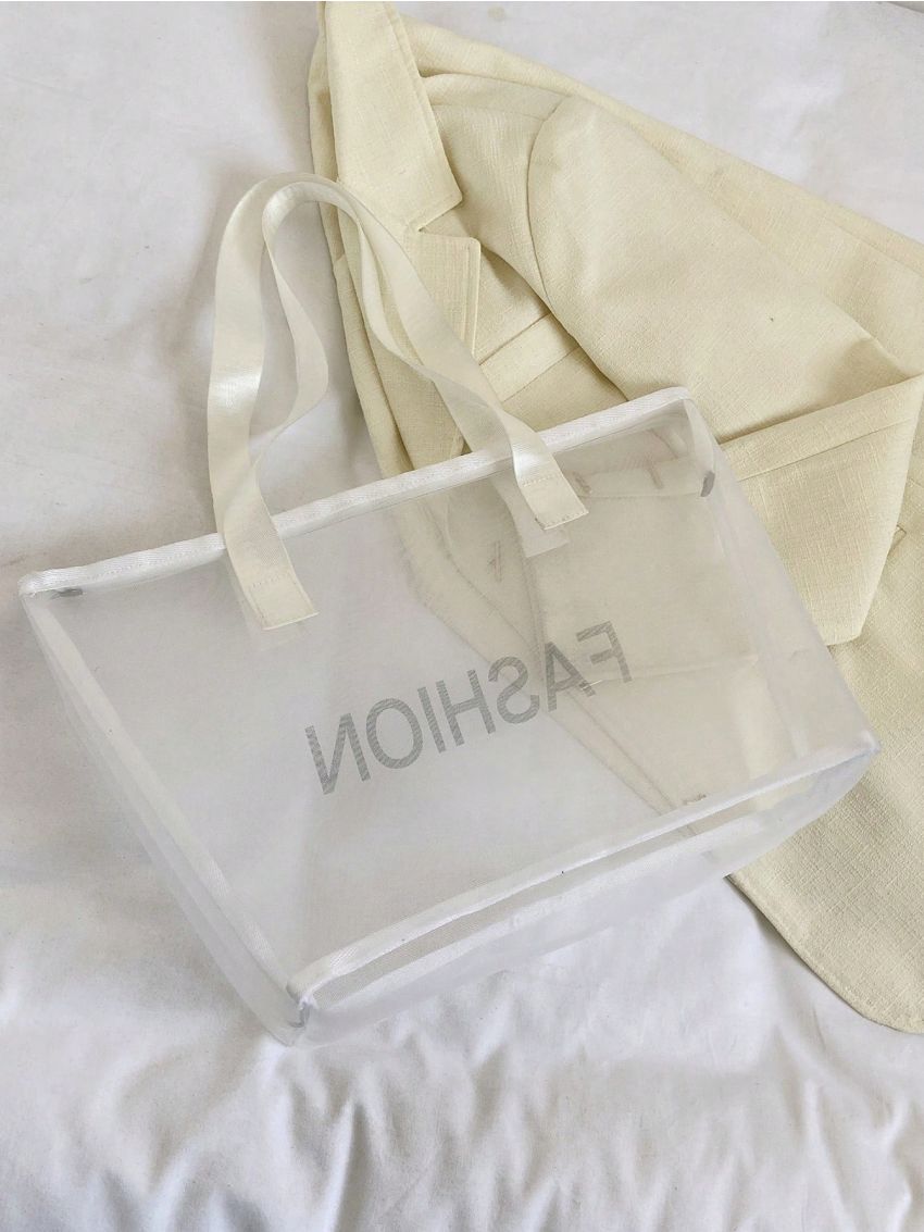 Large Beach Bag Letter Graphic Mesh Design Clear