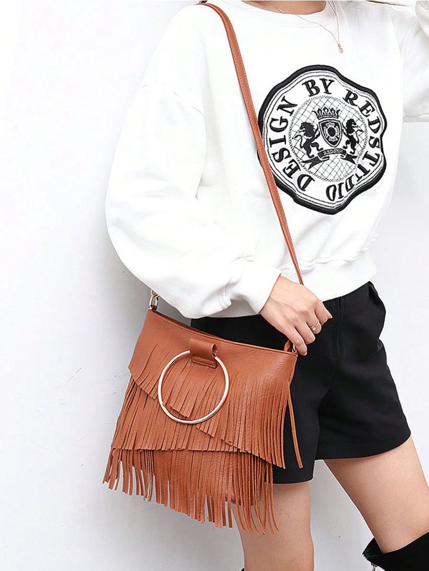 Metal Ring Top Handle Square Bag Fringe Satchel Bag