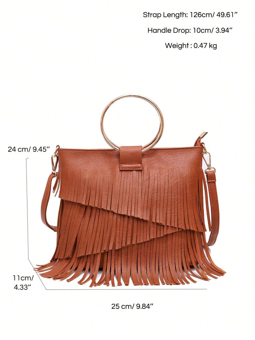 Metal Ring Top Handle Square Bag Fringe Satchel Bag