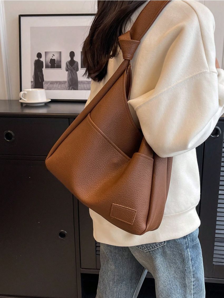 Textured Hobo Bag Brown Pu Fashion