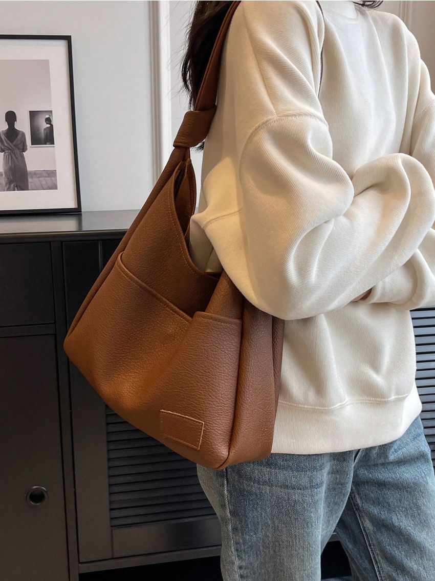 Textured Hobo Bag Brown Pu Fashion