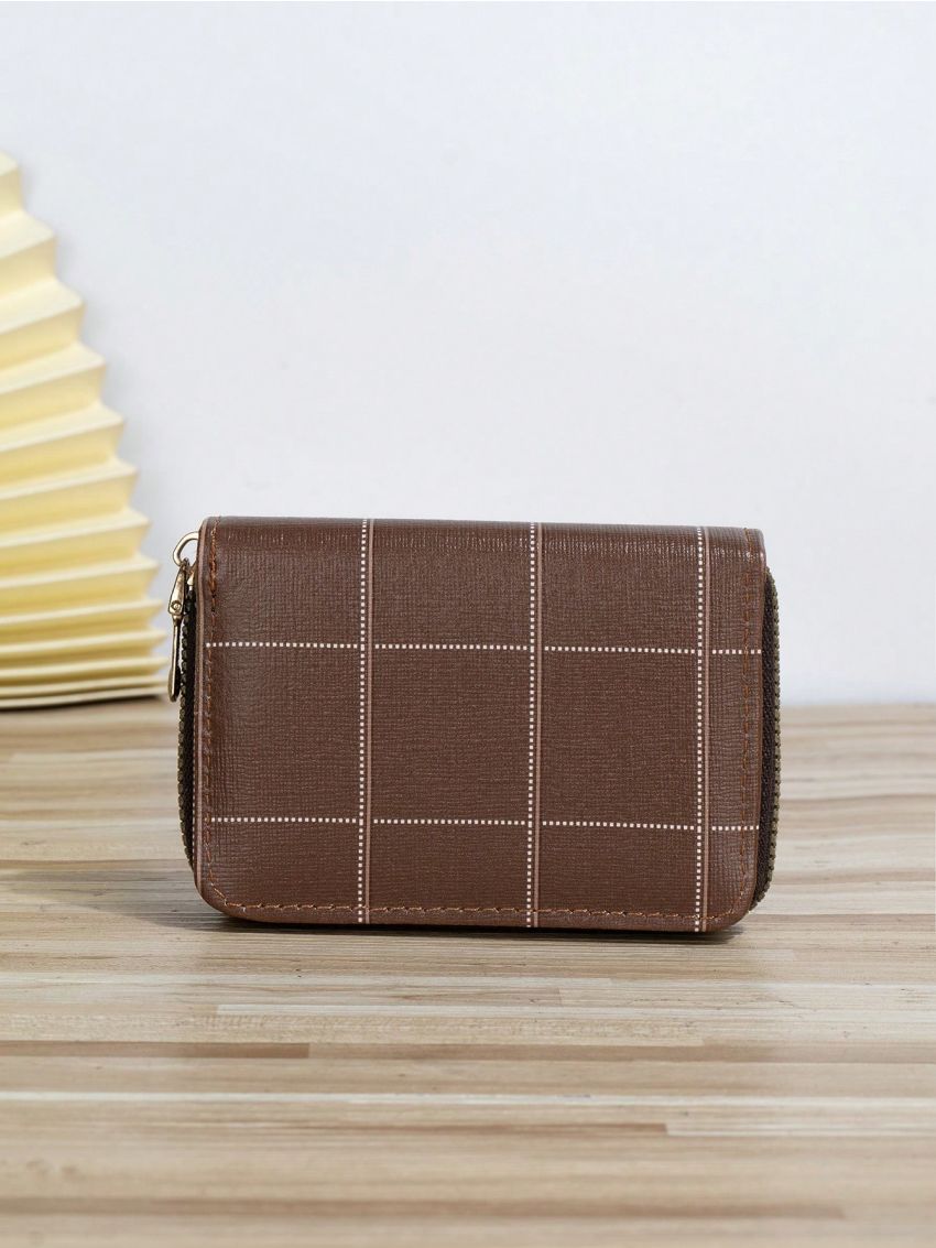Plaid Pattern Card Holder With Zipper Fashion