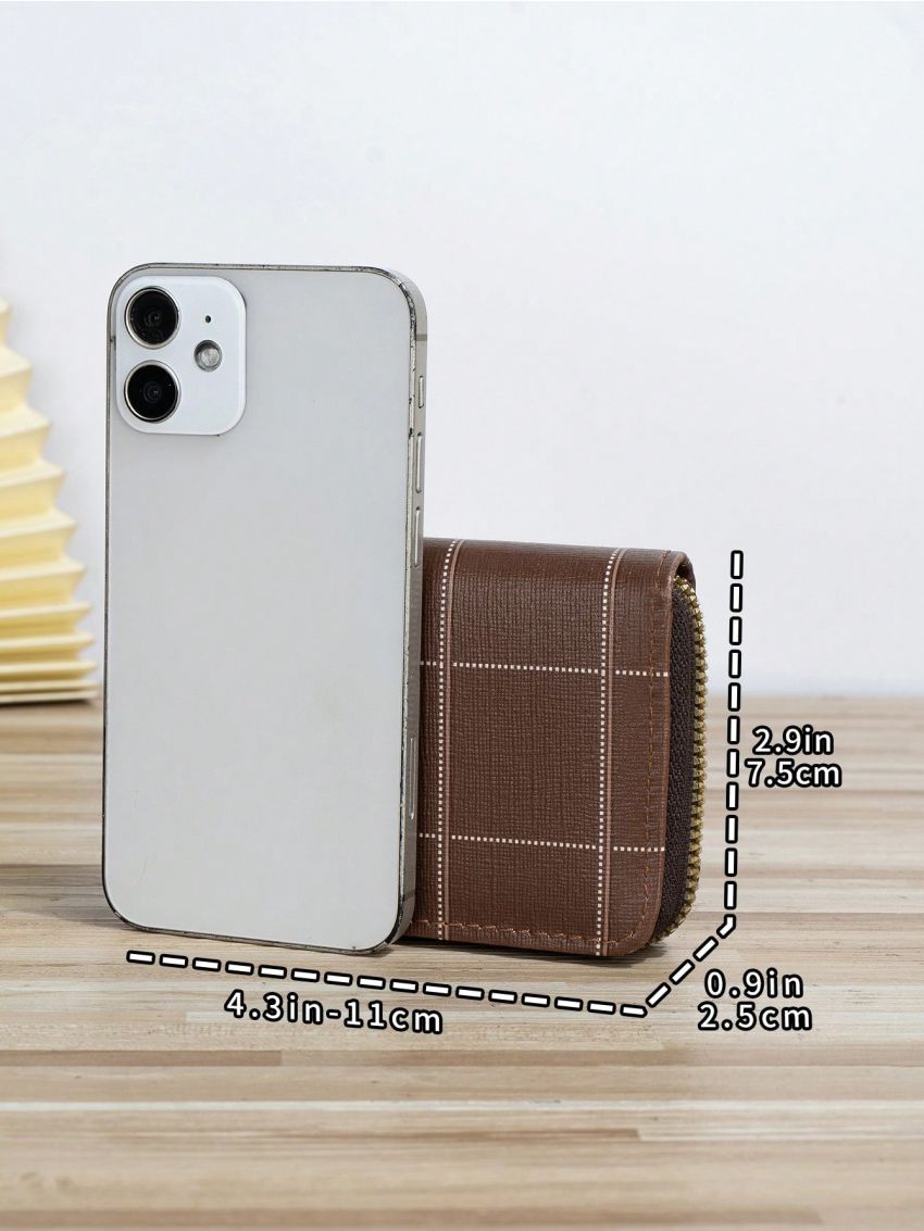 Plaid Pattern Card Holder With Zipper Fashion