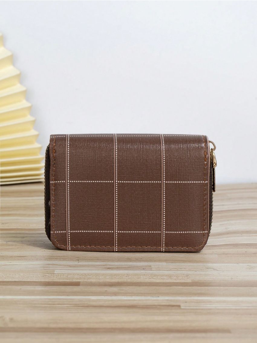Plaid Pattern Card Holder With Zipper Fashion