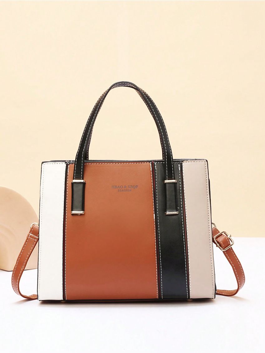 Colorblock Square Bag Pu Top Handle
