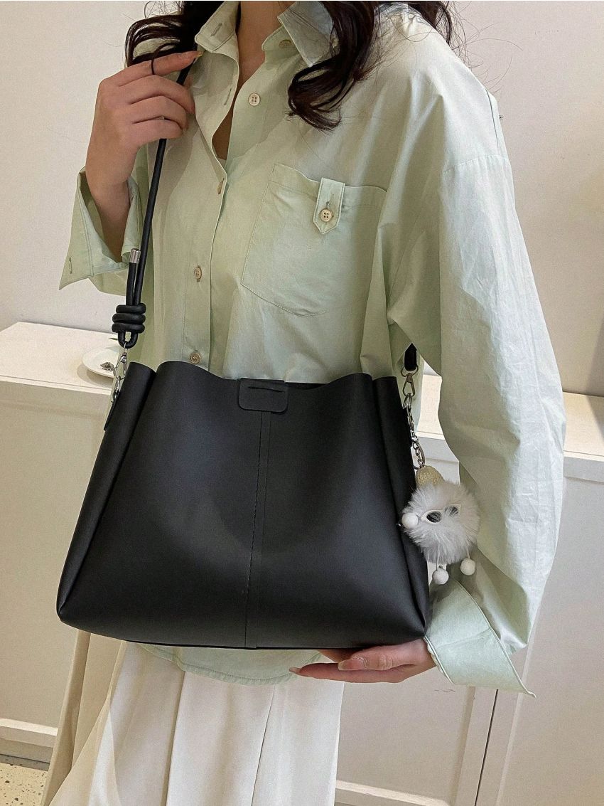 Medium Bucket Bag Black Minimalist With Bag Charm