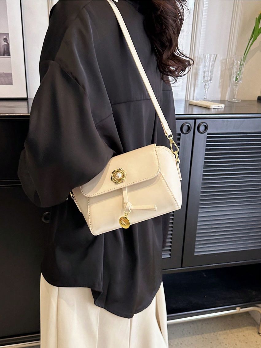 Small Square Bag Beige Metal Decor Flap For Daily