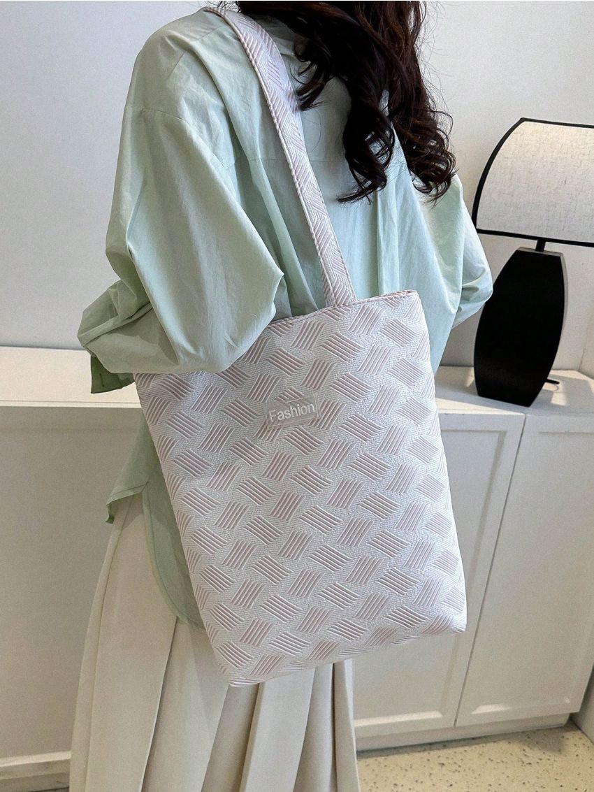 Letter Patch Square Bag Striped Pattern Double Handle For Daily