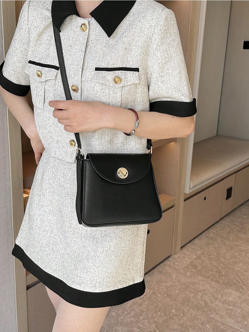 Small Square Bag Black Flap Zipper PU
