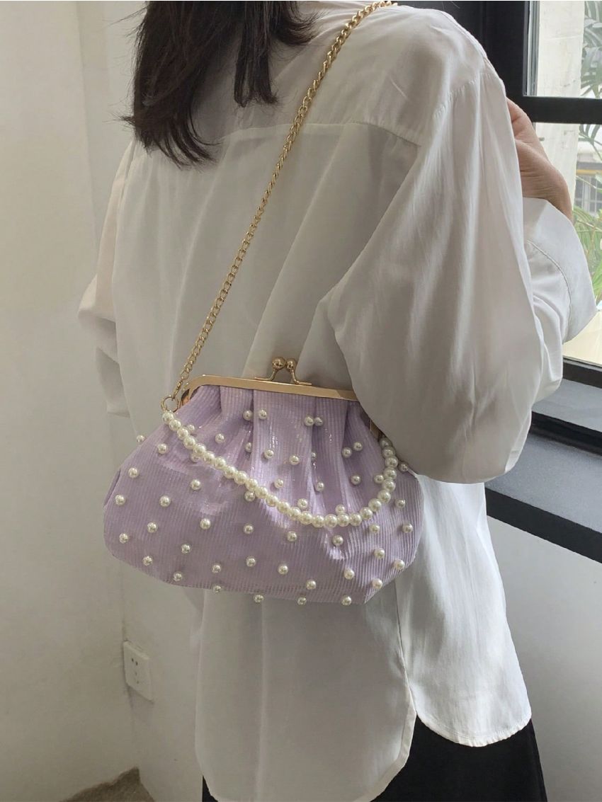 Medium Ruched Bag Baby Pink Faux Pearl Decor Top Handle