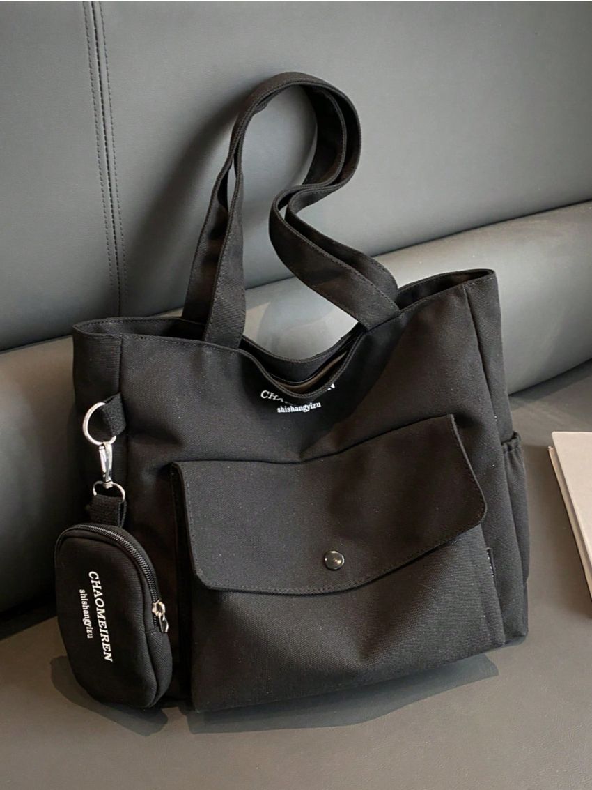 Letter Graphic Shopper Bag Double Handle Zipper Canvas With Coin Purse