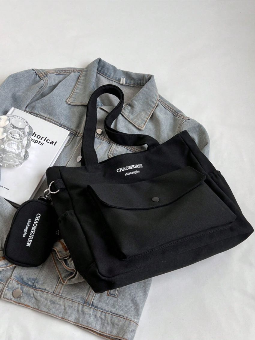 Letter Graphic Shopper Bag Double Handle Zipper Canvas With Coin Purse