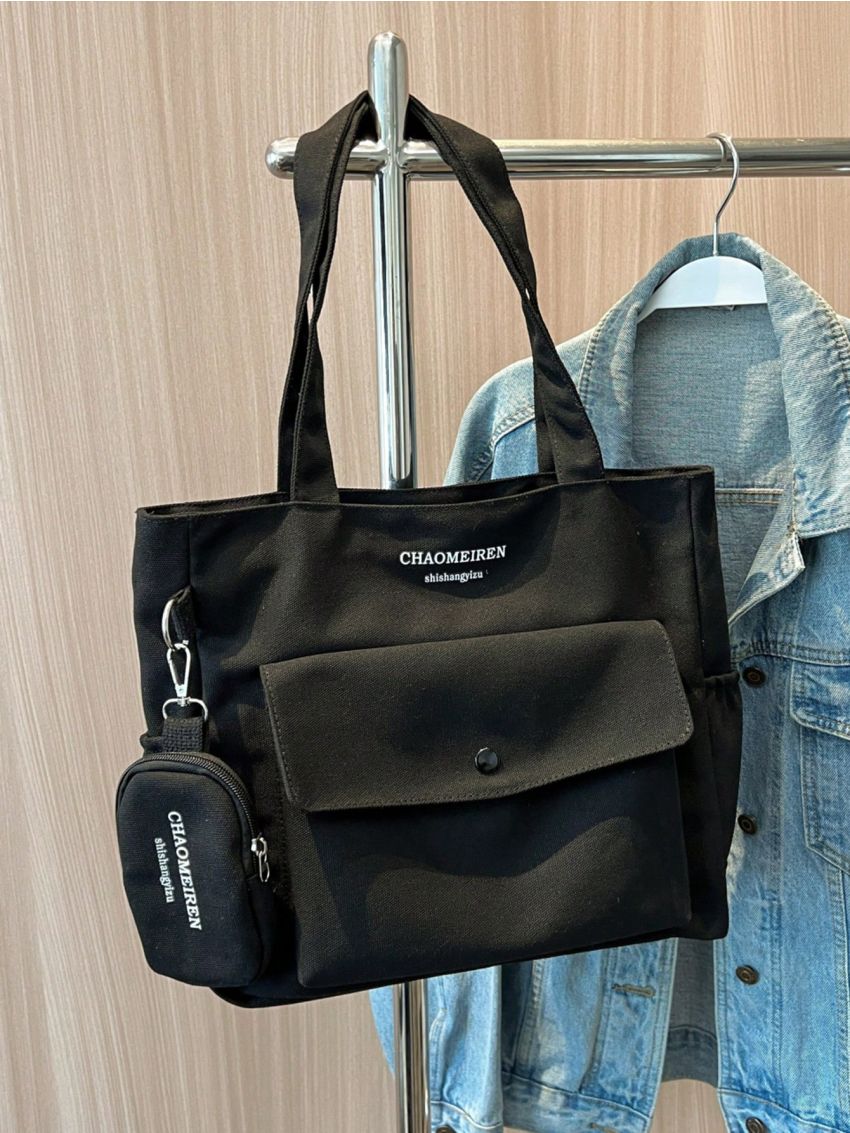 Letter Graphic Shopper Bag Double Handle Zipper Canvas With Coin Purse