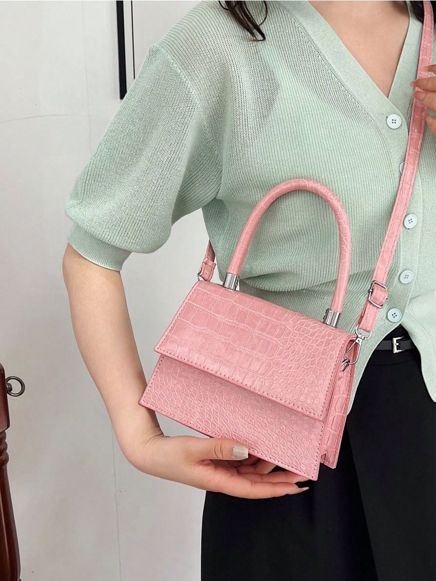Mini PU Square Bag Crocodile Print Flap Adjustable Strap
