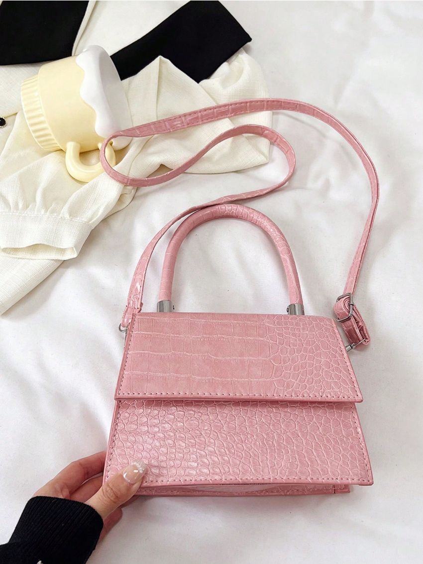Mini PU Square Bag Crocodile Print Flap Adjustable Strap