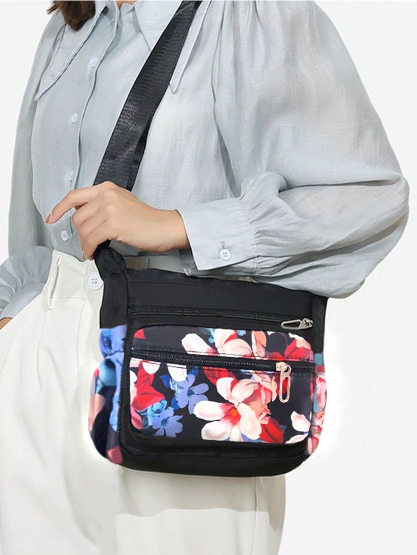 Small Zipper Square Bag Fashionable Flower Pattern Adjustable-strap