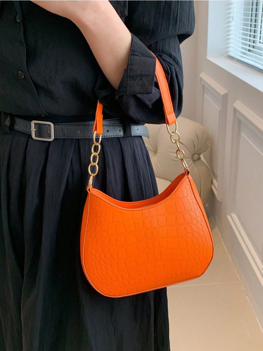 Neon-pink Crocodile Embossed Hobo Bag Funky Zipper Chain PU