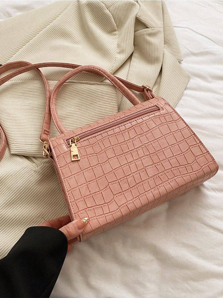 PU Square Bag Crocodile Embossed Solid Color Flap