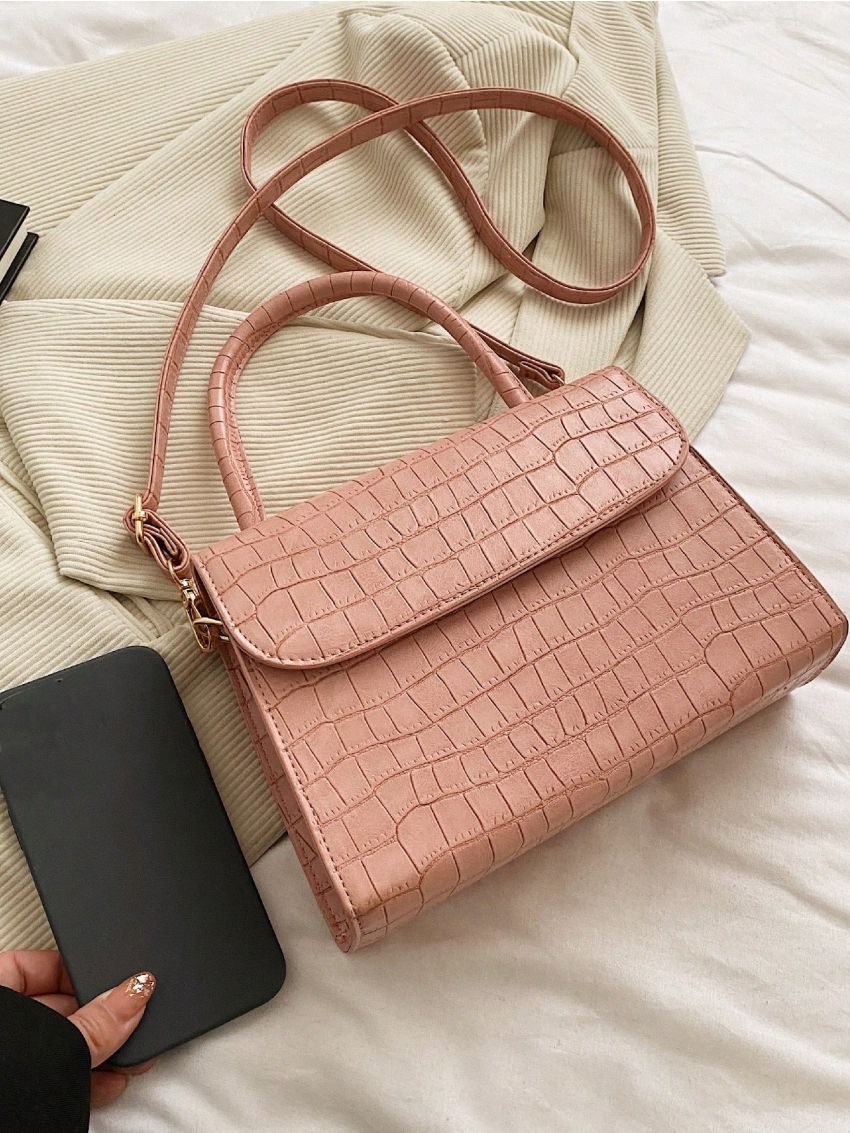 PU Square Bag Crocodile Embossed Solid Color Flap