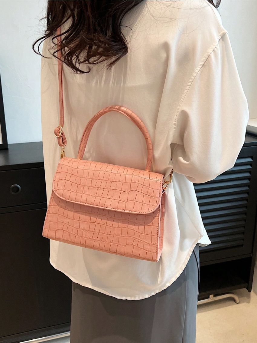 PU Square Bag Crocodile Embossed Solid Color Flap