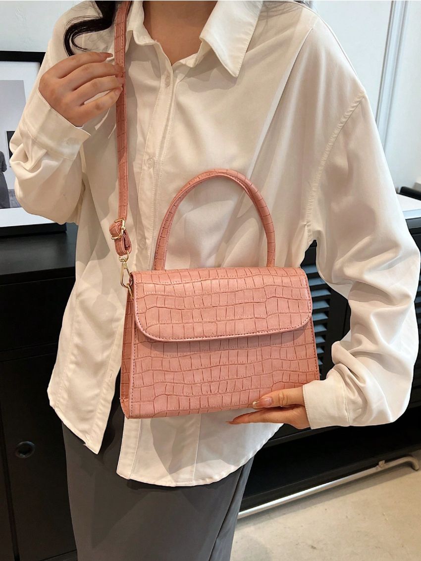 PU Square Bag Crocodile Embossed Solid Color Flap