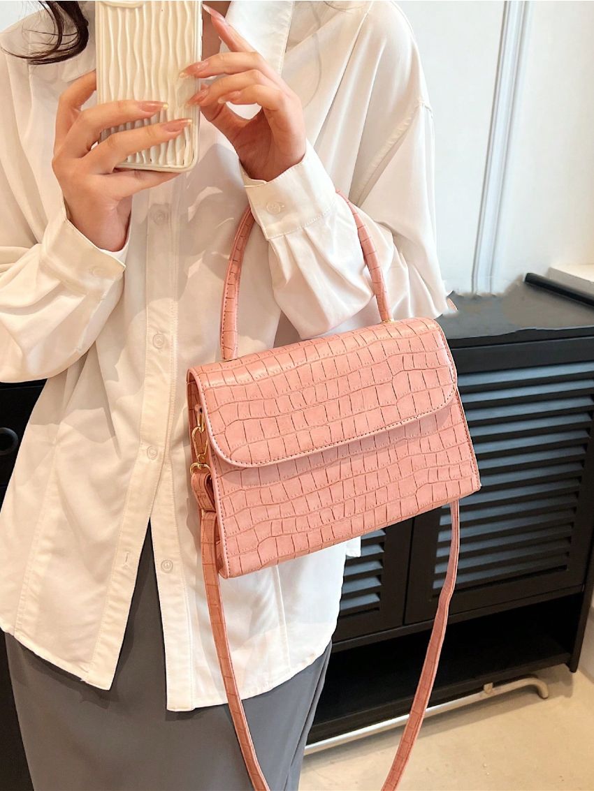 PU Square Bag Crocodile Embossed Solid Color Flap