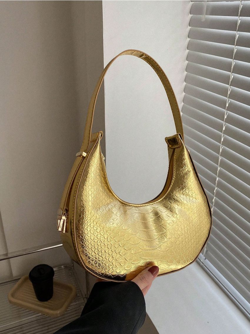 Metallic Snakeskin Embossed Hobo Bag Funky Zipper PU