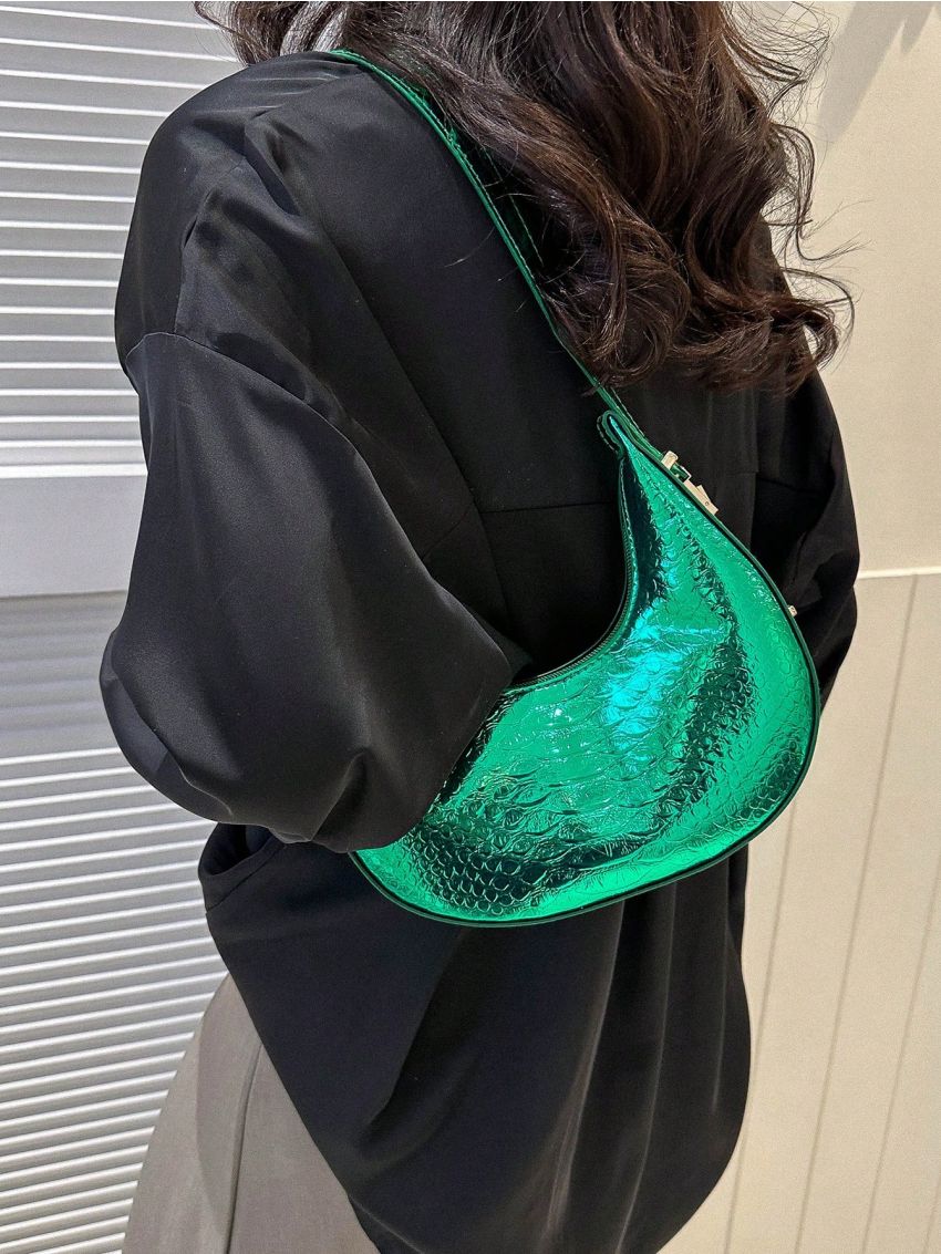 Metallic Snakeskin Embossed Hobo Bag Funky Zipper PU