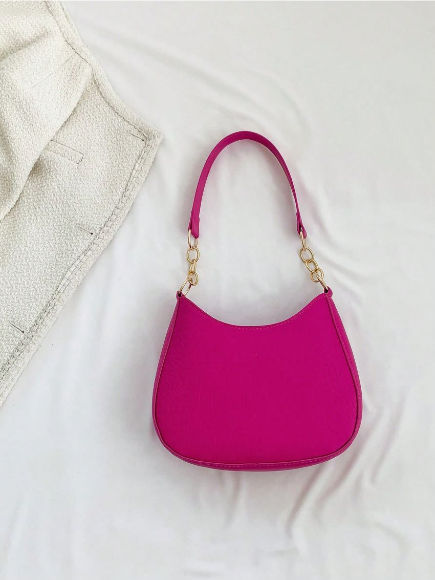 Neon-pink Crocodile Embossed Hobo Bag Funky Zipper Chain PU