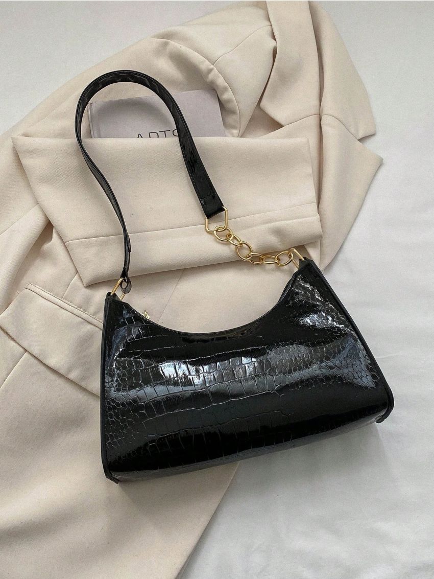 Crocodile Embossed Baguette Bag Fashionable Zipper PU