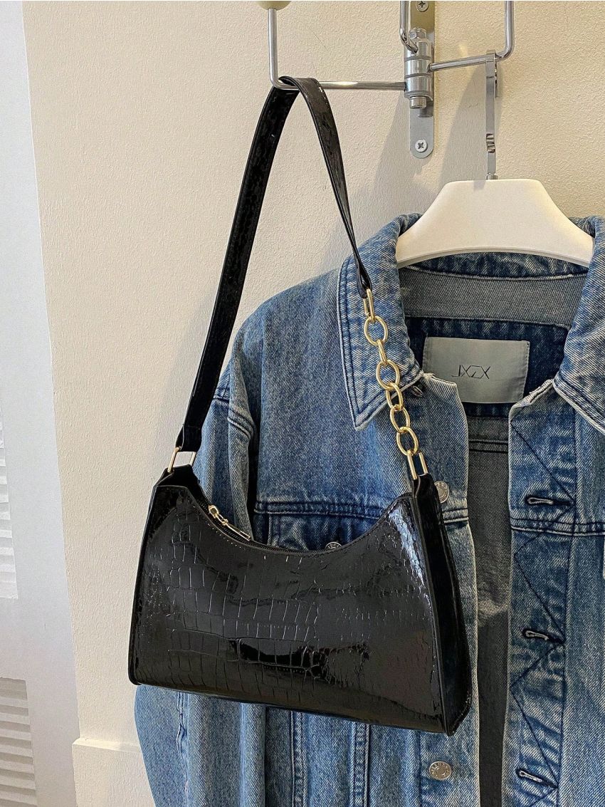 Crocodile Embossed Baguette Bag Fashionable Zipper PU