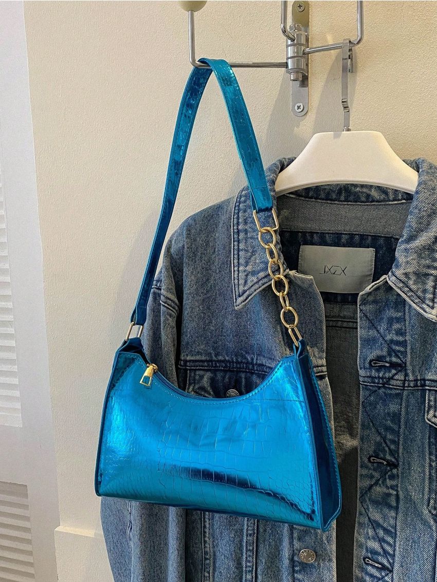 Crocodile Embossed Baguette Bag Funky Metallic Zipper PU