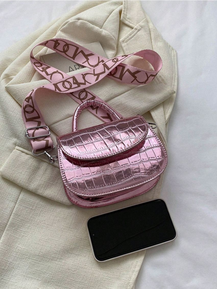 Mini Flap Saddle Bag Funky Metallic Crocodile Embossed Adjustable Strap PU