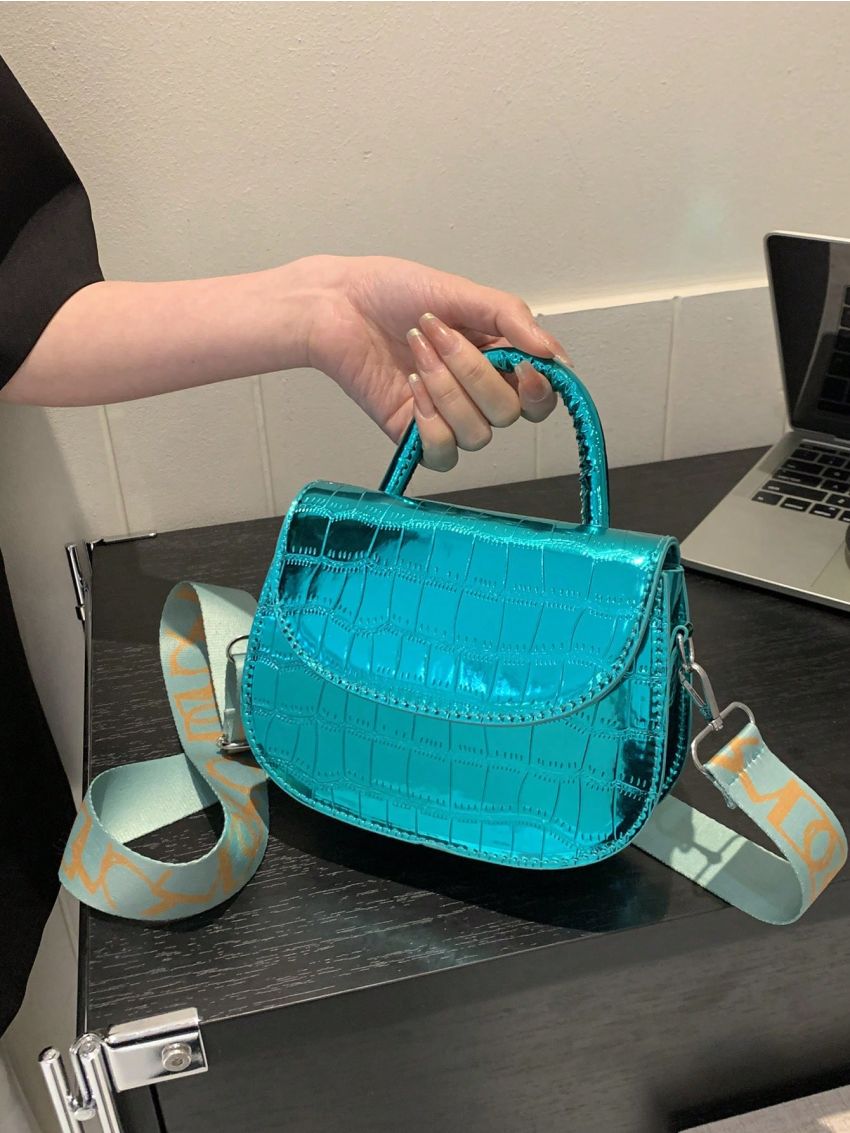 Mini Flap Saddle Bag Funky Metallic Crocodile Embossed Adjustable Strap PU