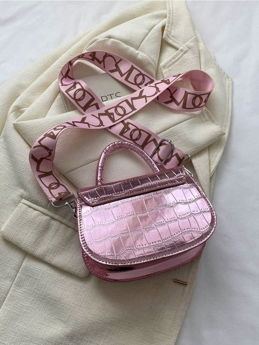 Mini Flap Saddle Bag Funky Metallic Crocodile Embossed Adjustable Strap PU