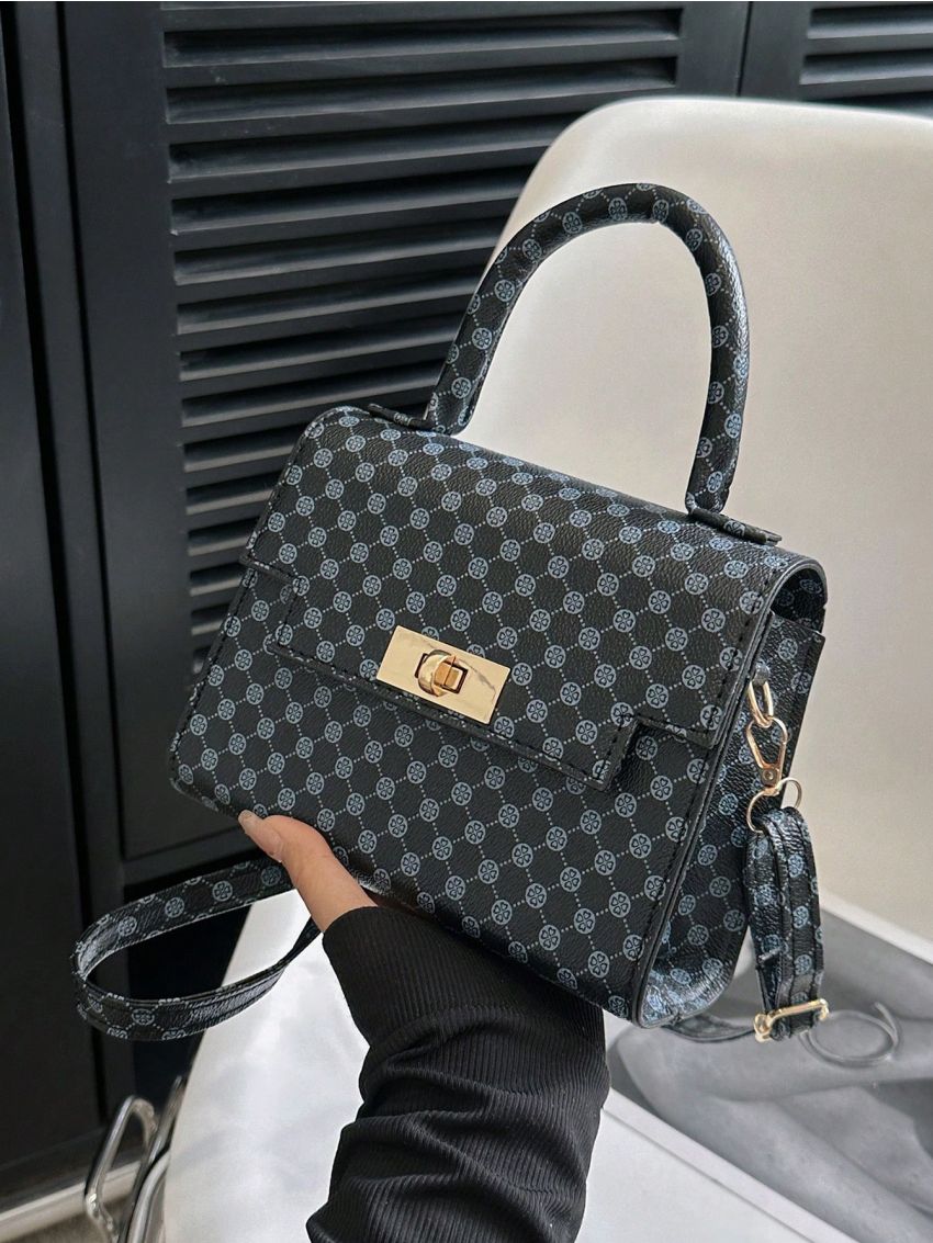 Mini Flap Square Bag Fashionable Geometric Pattern Turn-lock Top Handle PU