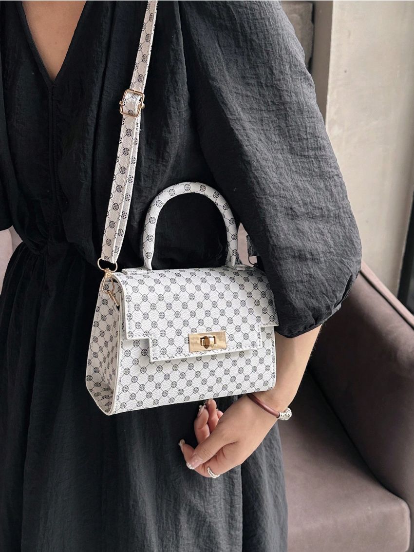 Mini Flap Square Bag Fashionable Geometric Pattern Turn-lock Top Handle PU