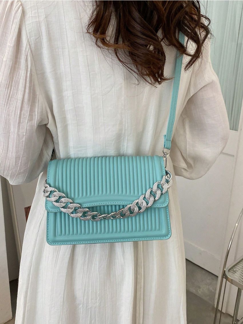 Small Embossed Detail Flap Square Bag Fashionable Chain Decor PU