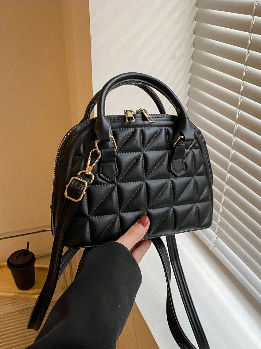 Quilted Dome Bag PU Double Handle Black