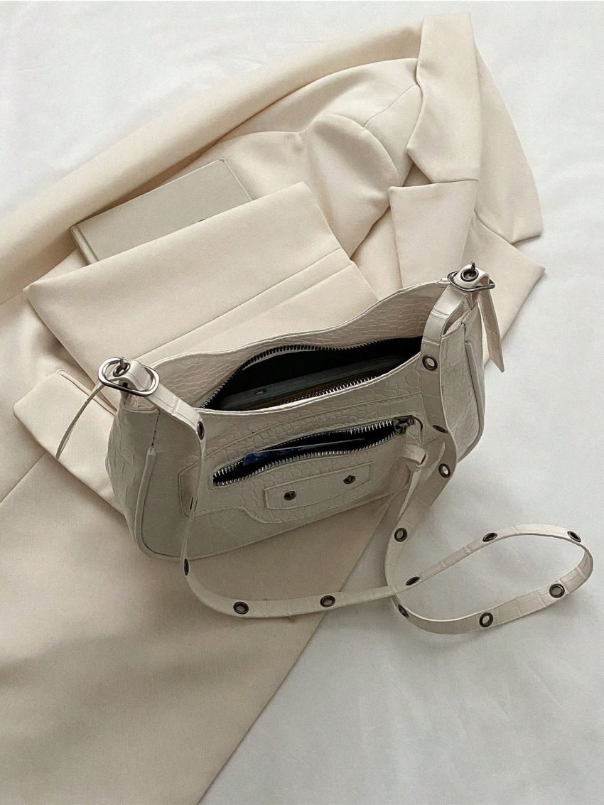 Crocodile Embossed Hobo Bag Studded Detail PU